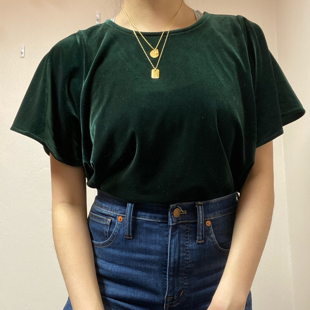 Madewell green velvet butterfly top